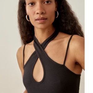 Reformation Met Halter Neck Sleeveless Ribbed Strappy Black Top Size L NWT